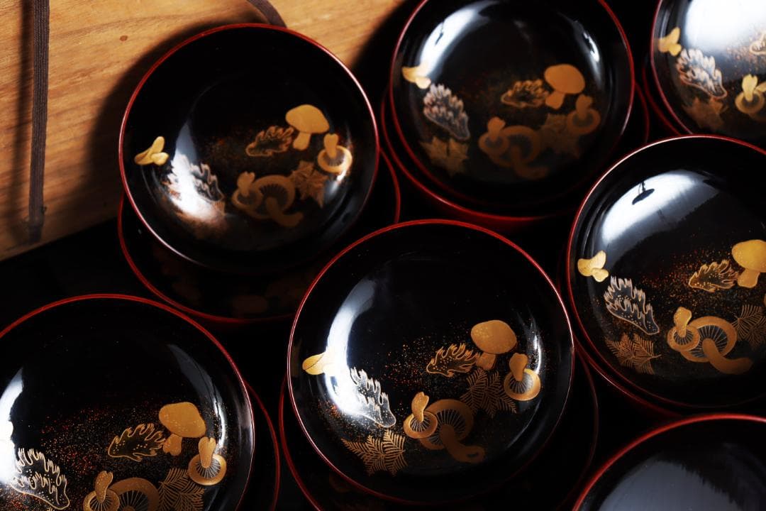 茶道具 見返松茸 蒔絵 吸物椀 十客 木箱 共箱　木製漆器