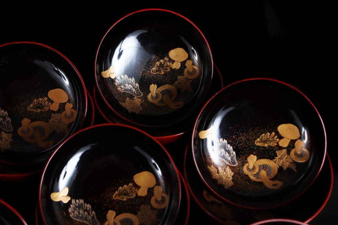 茶道具 見返松茸 蒔絵 吸物椀 十客 木箱 共箱　木製漆器