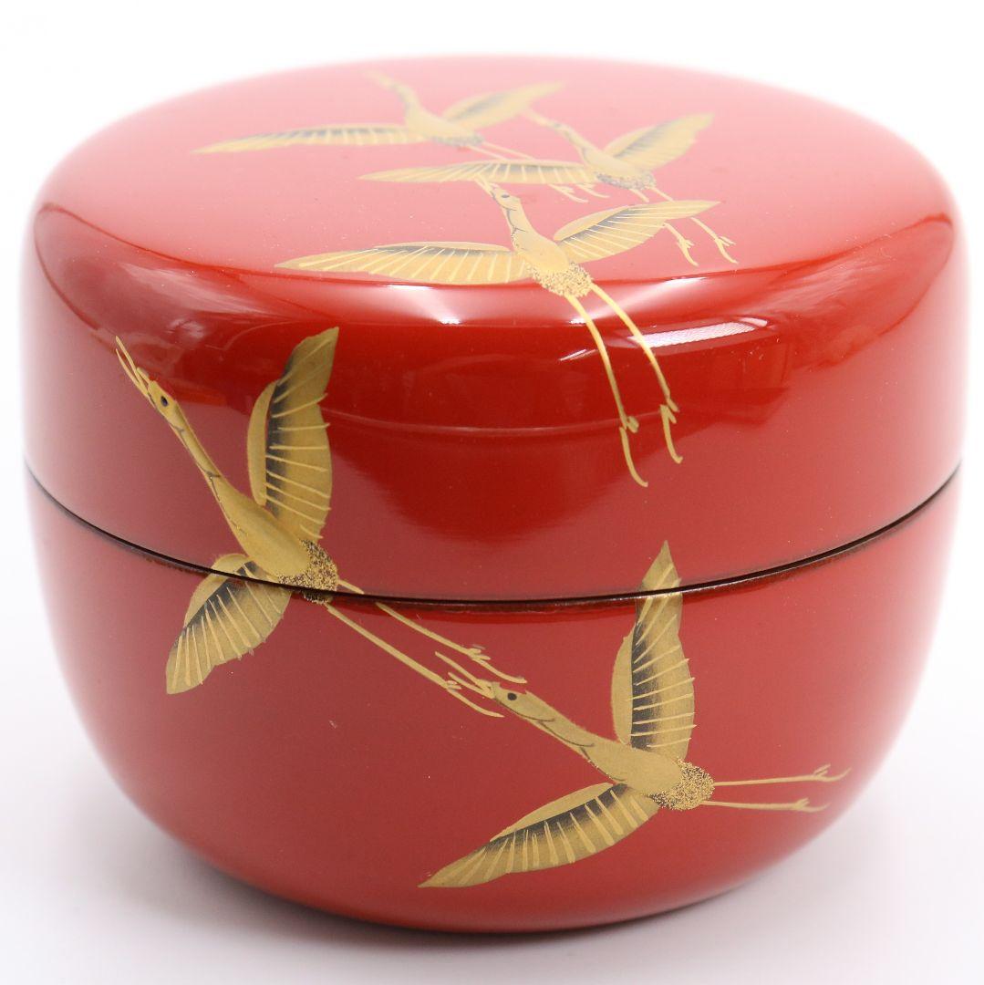 佐藤松斎作 朱塗 鶴蒔絵 平棗 茶道具 共箱 V778 N4