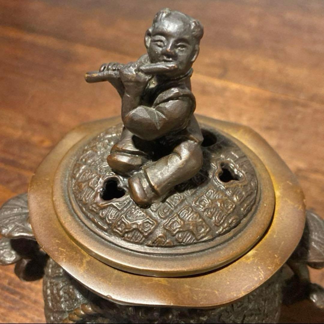 戦前 アンティーク 唐子三足香炉 裏印有り 唐子脚宝袋形香炉