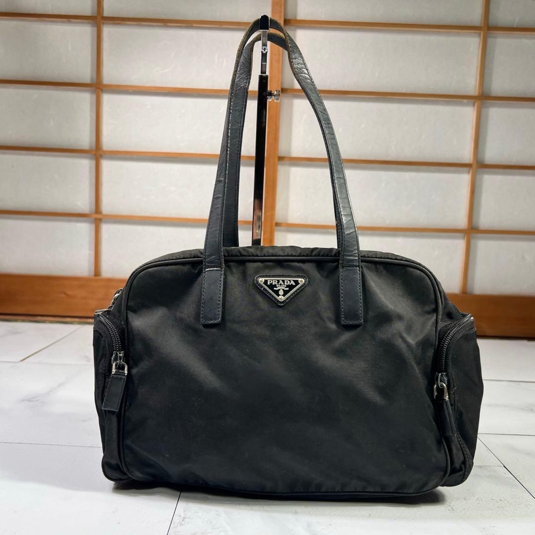 PRADA プラダ 三角ロゴ ナイロン サイドポケット ハンドバッグ ブラック
