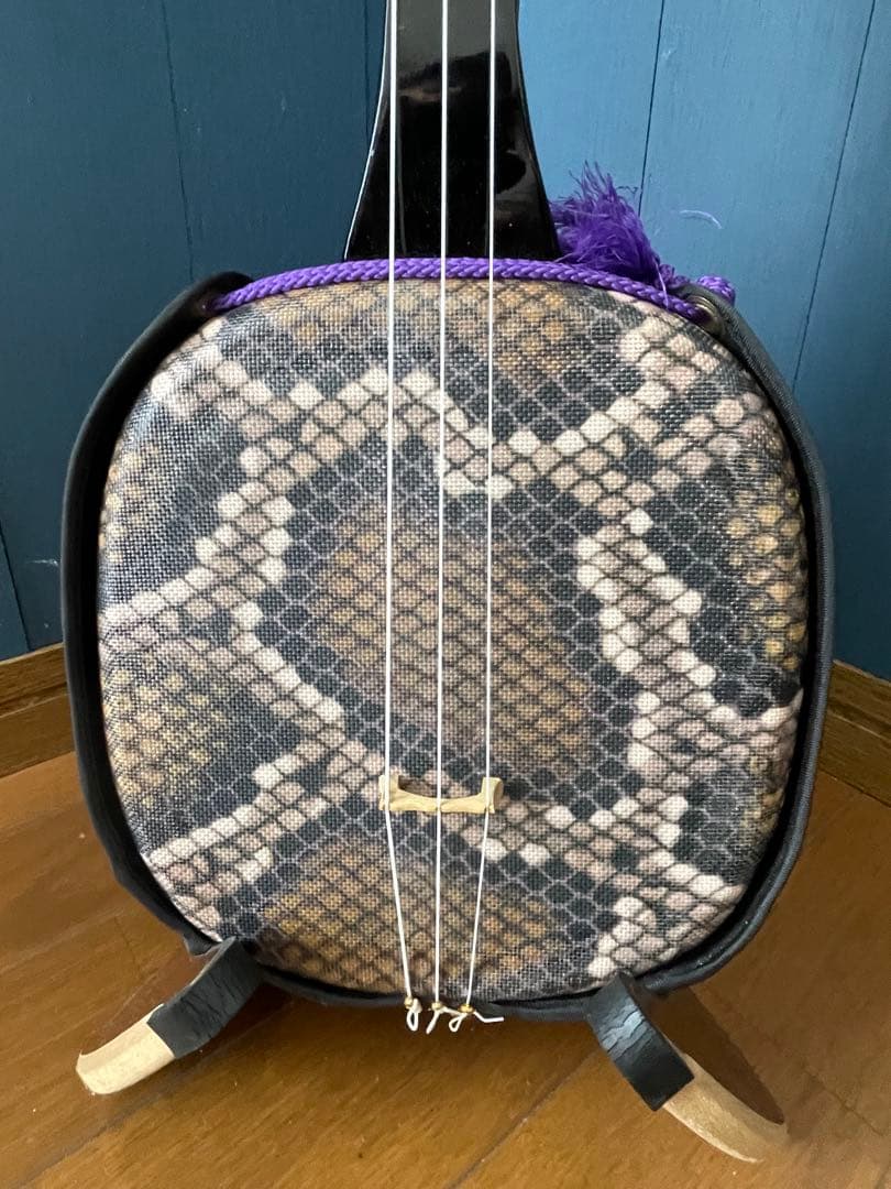 三線本体 人工皮 ケース付き 消音コマ 予備弦あり