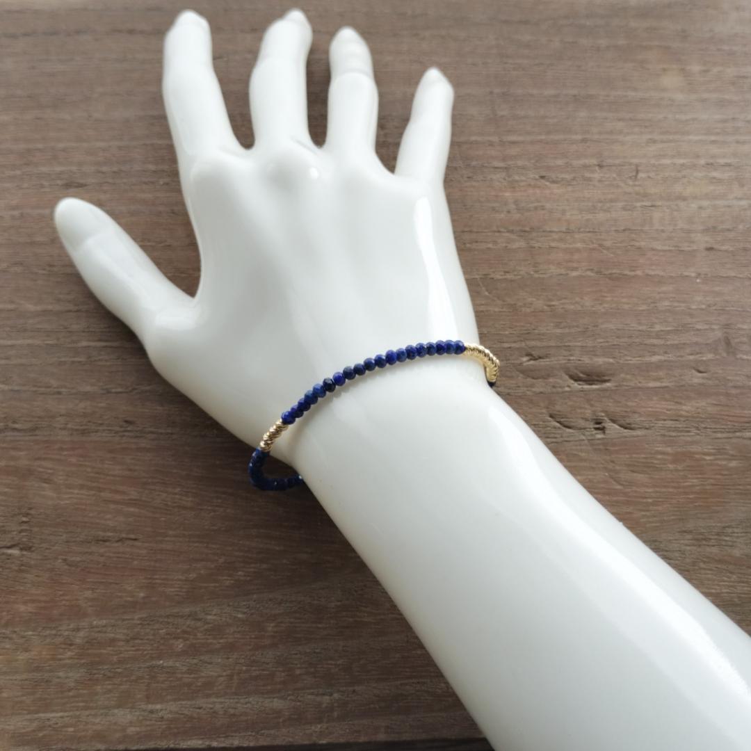 【3mm】ラピスラズリ ＆K18　グリッタービーズ　ブレスレットB / ゴールド