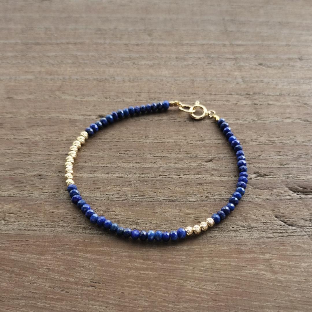 【3mm】ラピスラズリ ＆K18　グリッタービーズ　ブレスレットB / ゴールド