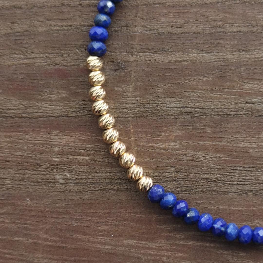 【3mm】ラピスラズリ ＆K18　グリッタービーズ　ブレスレットB / ゴールド