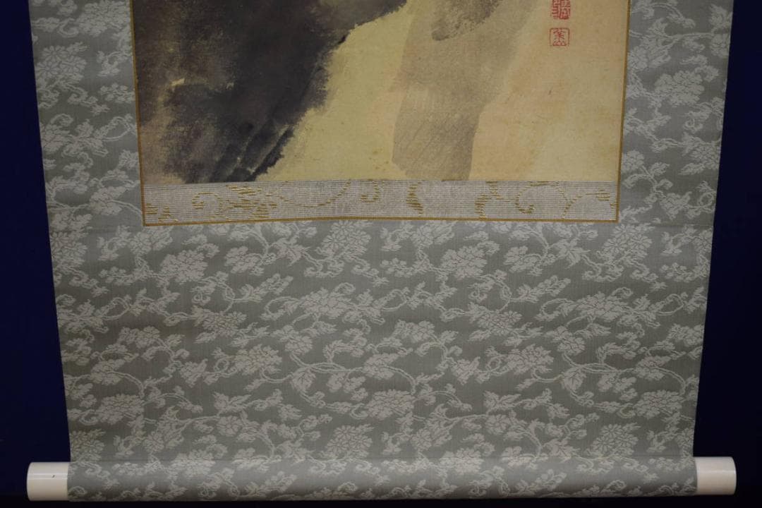 真作/藤井松山/春山古寺/塔山水図/佐藤古岫の桐極箱付/布袋屋掛軸HI-357