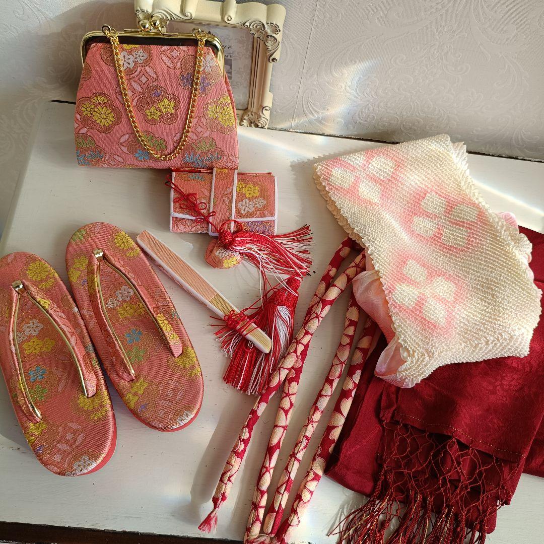 新品☆クリーム色に大きな椿の花模様が素敵な着物に作り帯☆七五三フルセット