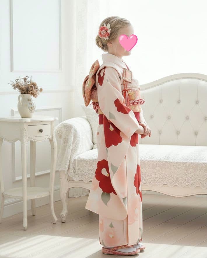 新品☆クリーム色に大きな椿の花模様が素敵な着物に作り帯☆七五三フルセット