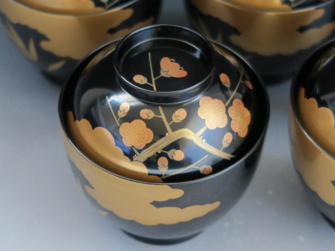 【輪島塗】雲松竹梅蒔絵 吸物椀 黒塗 五客揃 布着請負 天然木 共箱 美術漆器