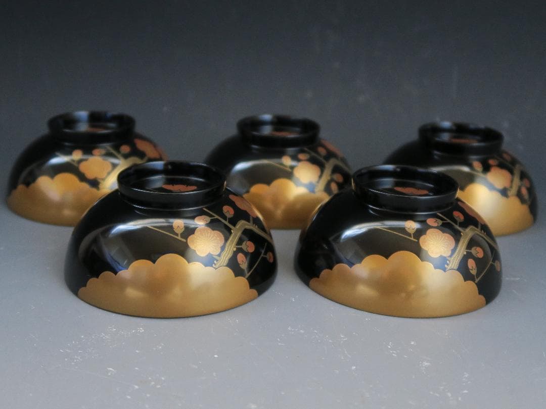 輪島塗】雲松竹梅蒔絵 吸物椀 黒塗 五客揃 布着請負 天然木 共箱 美術