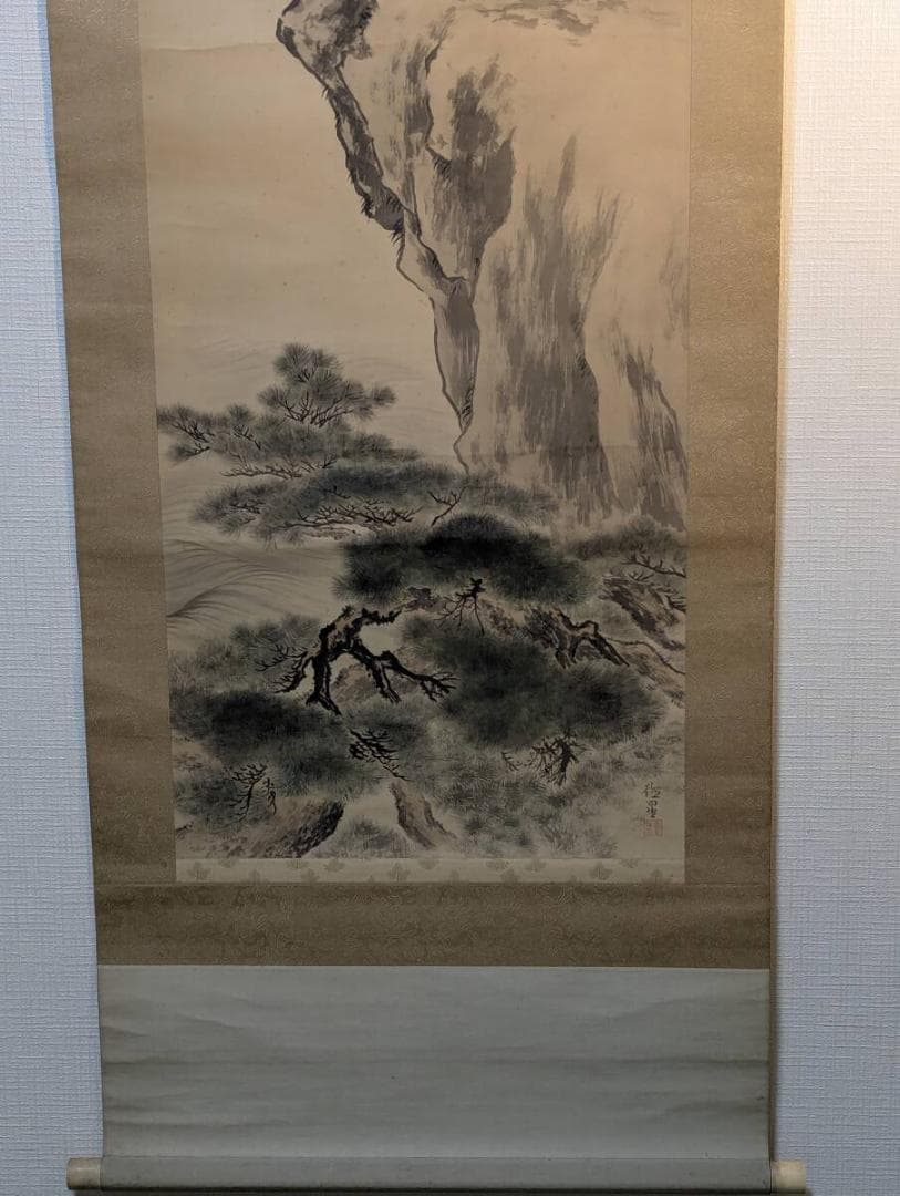 真作】掛軸 藤原徳星 蓬莱双鶴 端正な墨彩画 吉祥画題 二重箱入 T121