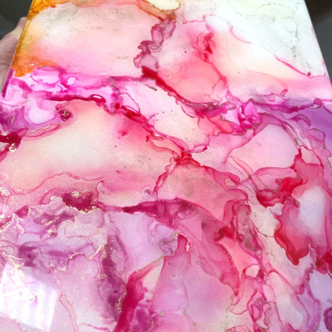 アルコールインクアート　ピンク　紫　黄色　レジン　パネル　木製　29.6×21