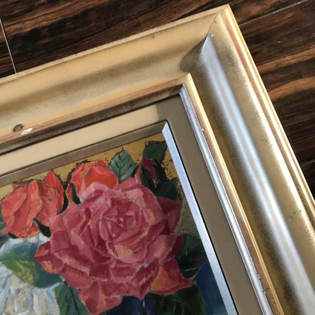 上河辺みち 油彩「ばら」 額装 共シール 1978年 油絵 油画 D