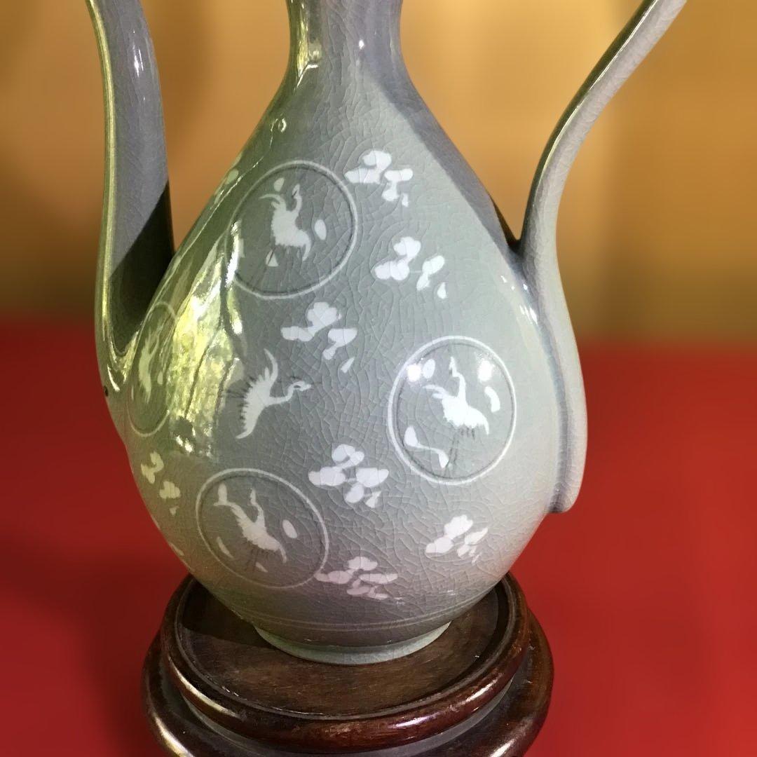 青磁鶴象嵌　ポット