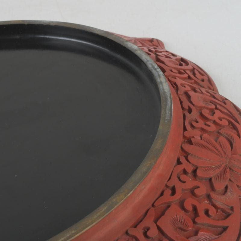 中国 剔紅 堆朱 雲龍文盤 輪花皿 飾皿 皿立付 M