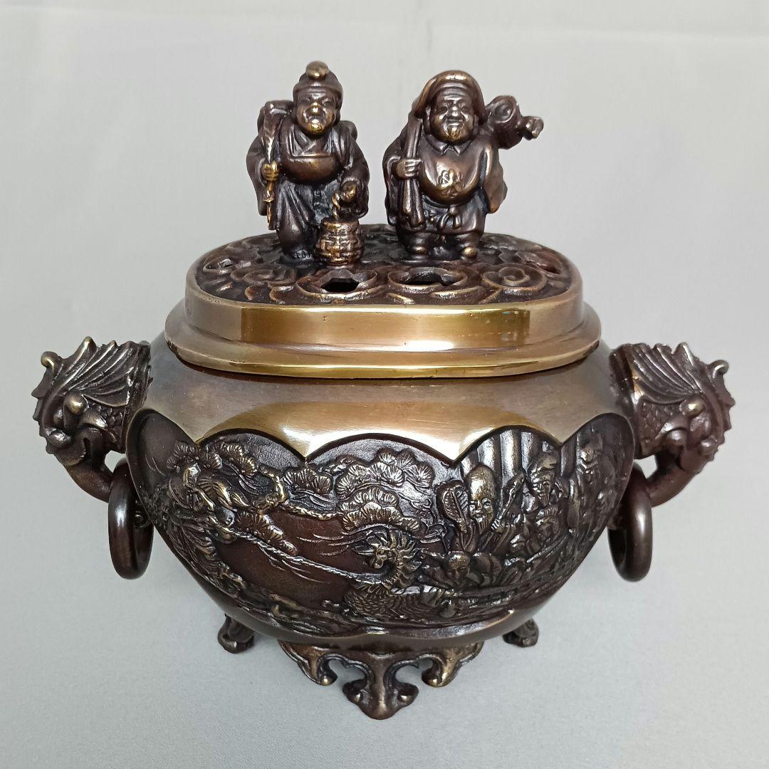 未使用 高岡銅器 七福神 銅製 耳付 香炉