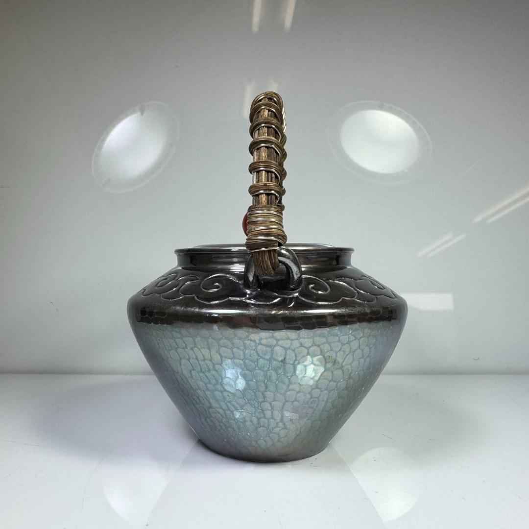 純銀製 急須 貴石 木摘 木取手 銀瓶 煎茶 純銀保証 純銀製 雲彫 釜形