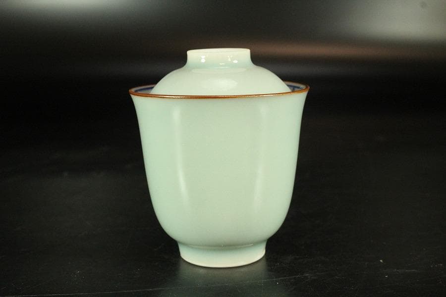 豆青釉 内青花 草花紋 蓋碗 十客 K A747 香月作 山田勢