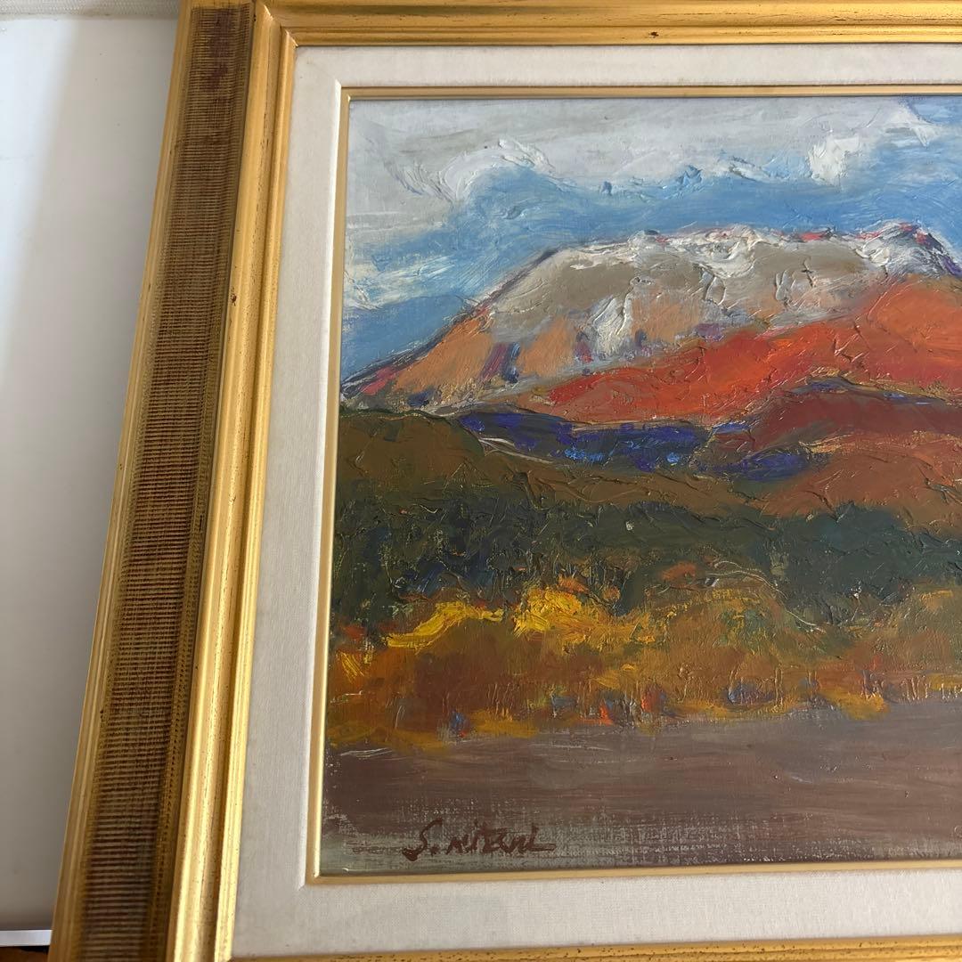 光風会所属 神谷昇子 大山の風景 油彩画 金色フレーム