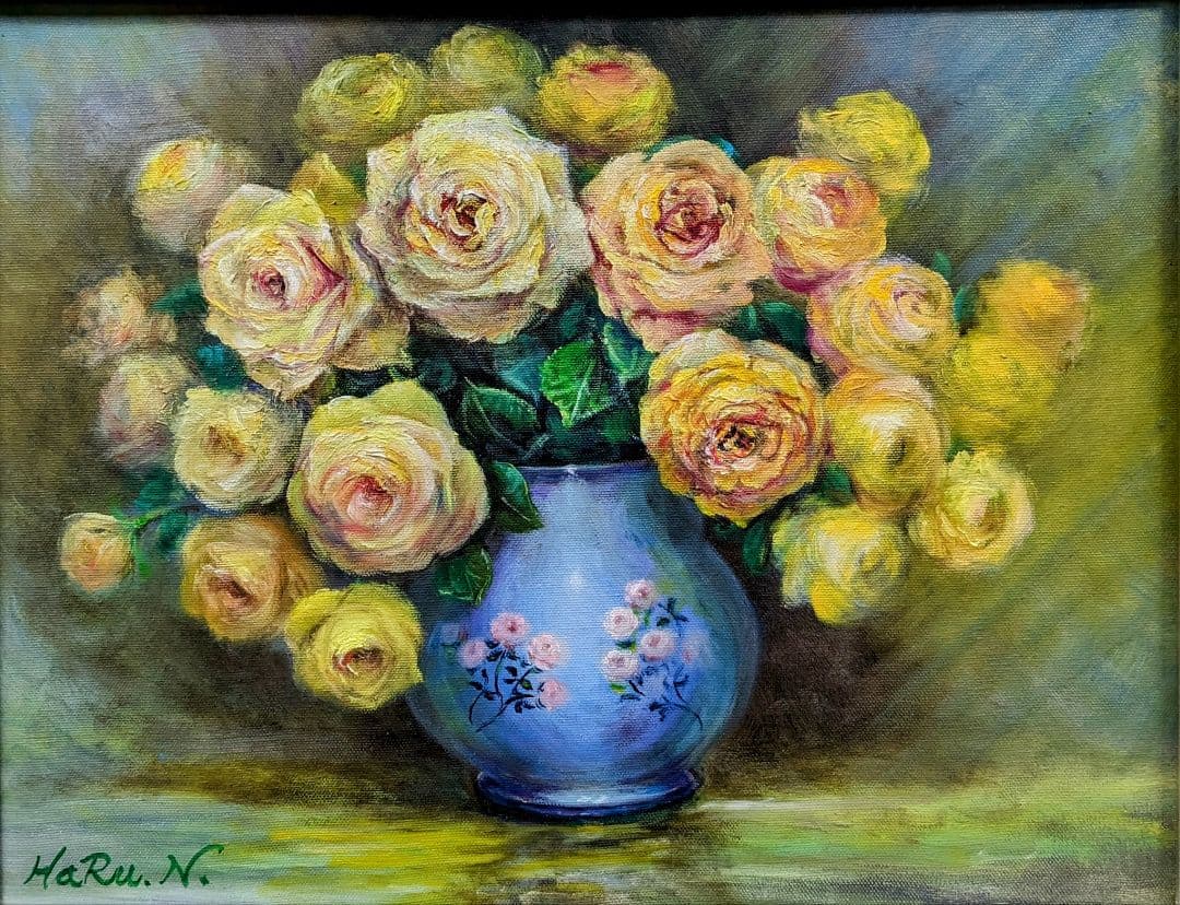 画家haru☆油彩画F６号☆幸せを運ぶ☆黄色い薔薇☆☆肉筆画☆