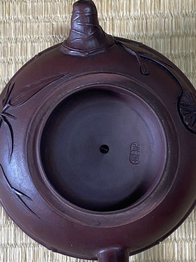♢中国？紫泥 梨地 紫砂 竹節 浮き彫り文様 茶壺？宜興窯 煎茶 茶道具