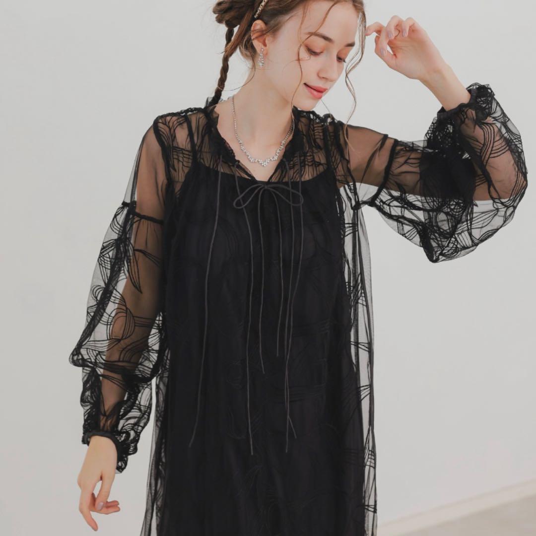 リボン刺繍ギャザードレス Dorry Doll チャコール