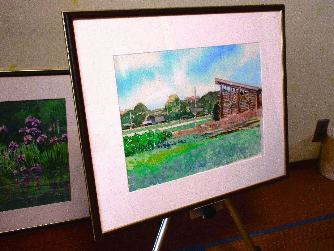 風景の水彩画 (田園風景)額入り