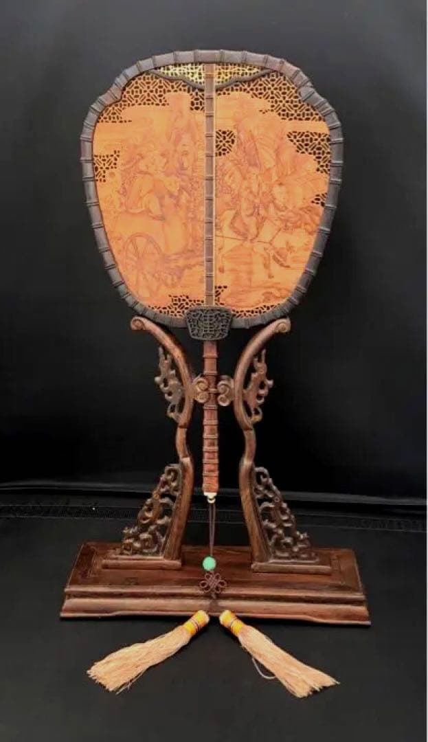 1046 中国美術 唐木造 白檀透彫刻 翡翠 軍配型硯屏 団扇唐物時代物