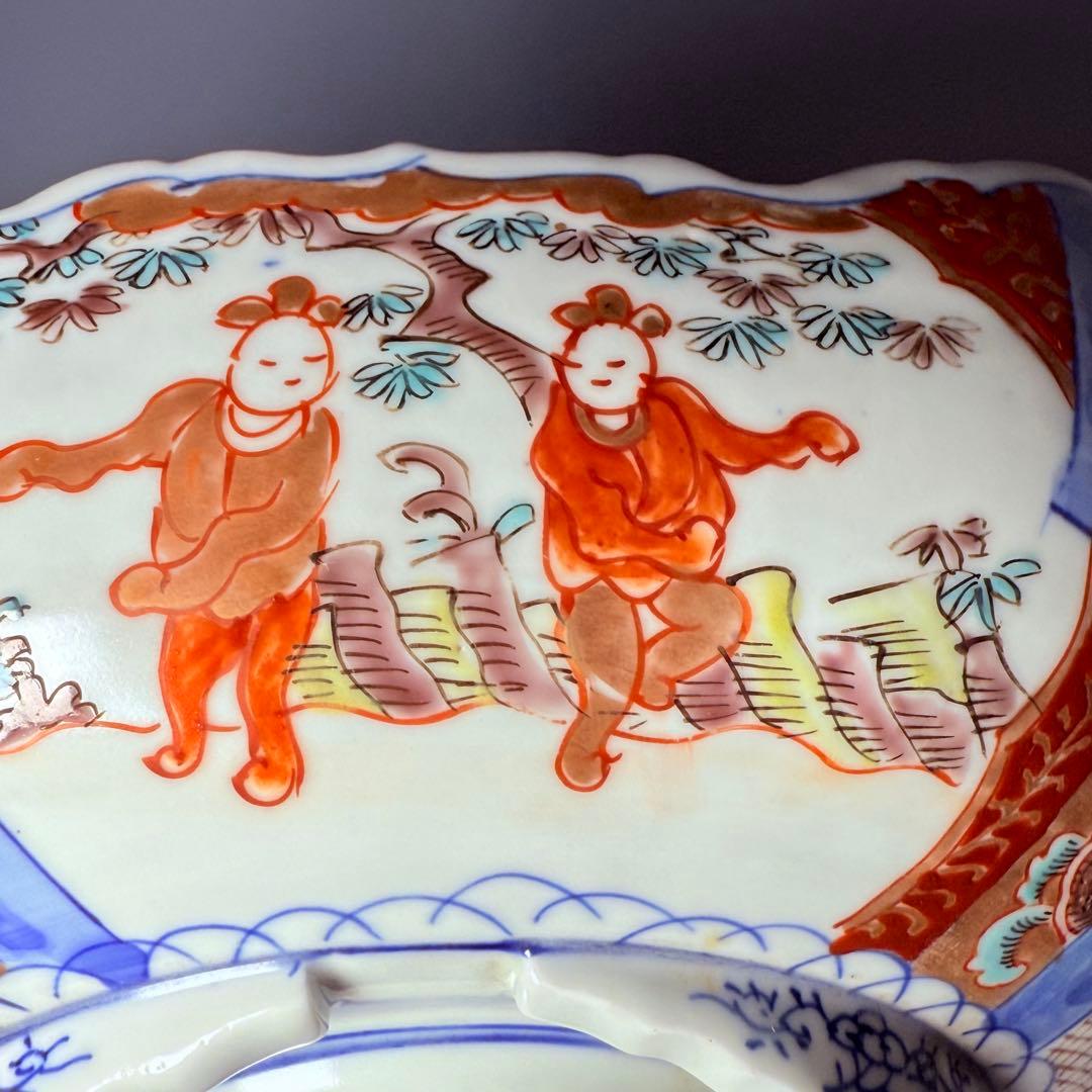 古伊万里 色絵風景画人物図三ツ鉢揃 二重四ツ足高台 四角鉢 珍品 古