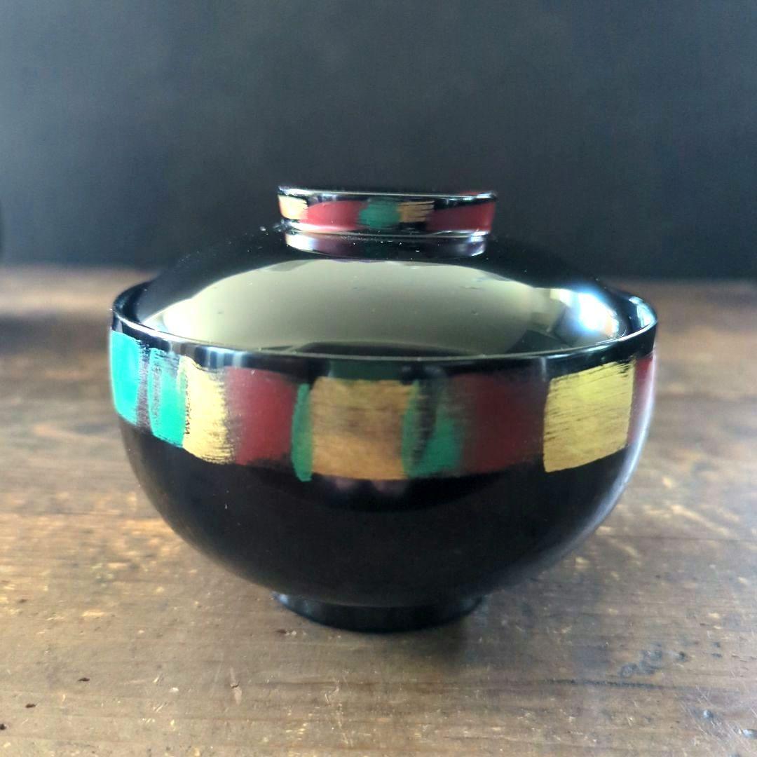 京都美術　漆芸作家　作家もの　山中漆器　草花絵変わり　雑煮椀　吸物椀　黒　5客揃