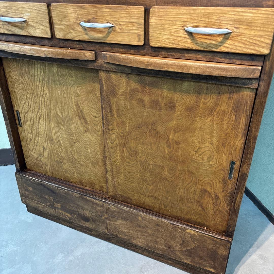 木製食器棚 アンティーク家具 波ガラス レトロ ラック