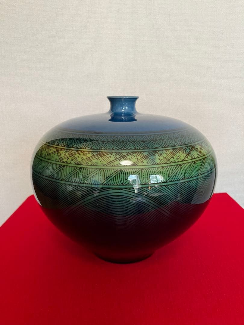 大型】人間国宝 三代 徳田八十吉（正彦銘）碧明釉 小紋壺 管理