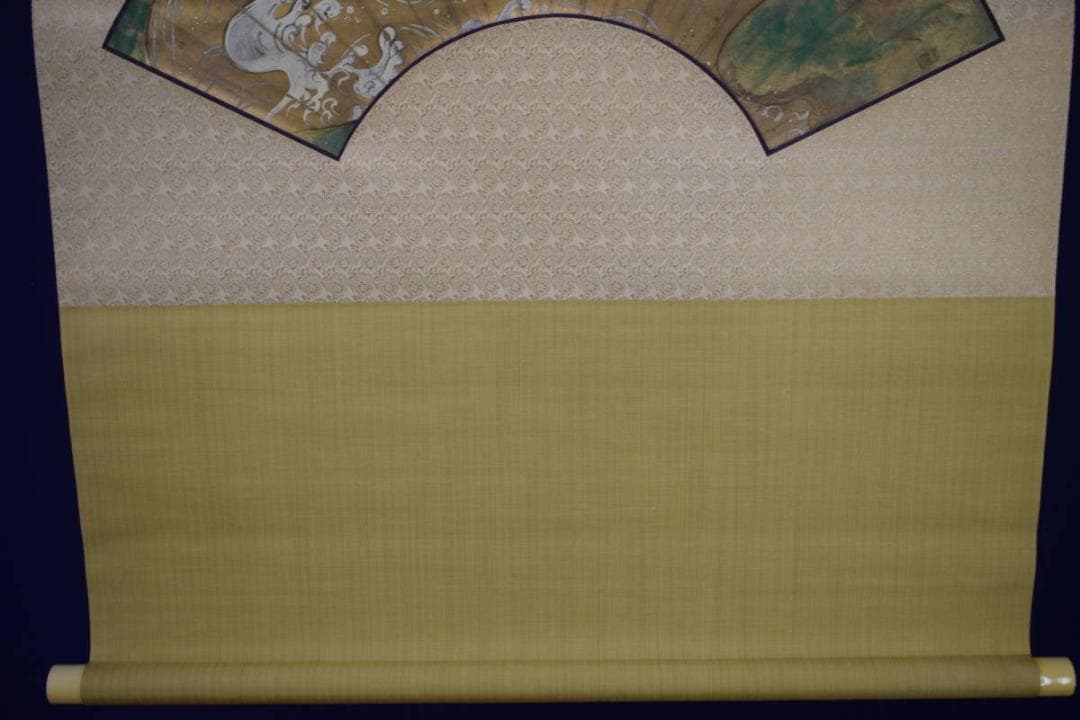 真作/松本一洋/扇面/山水松波図/金箔/布袋屋掛軸HI-347
