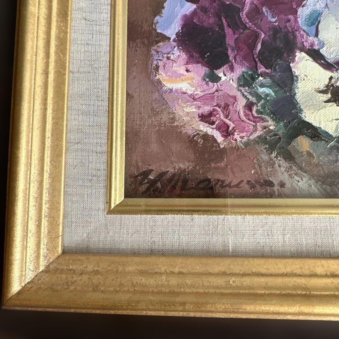 とても素敵なパンジーの花の油彩画 ゴールドフレーム丸茂義輝