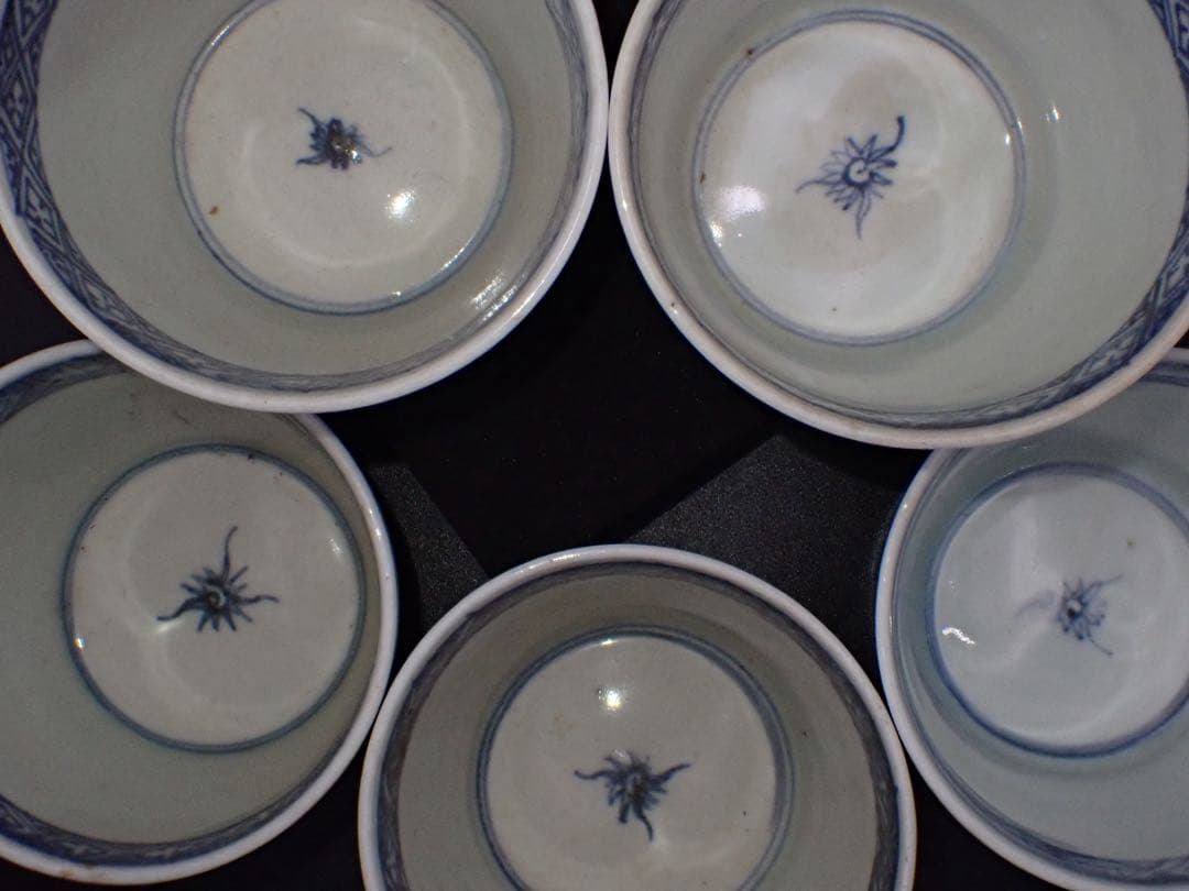 (青6)古伊万里 蕎麦猪口 そば猪口 草花の図 5ヶセット 幕末