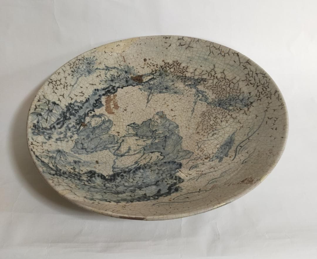 古九谷古染付呉須松人物絵大平鉢
