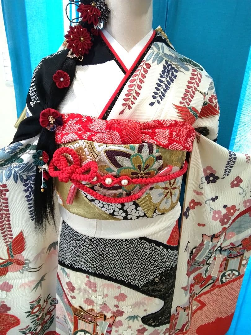 振袖フルセット、正絹絞り振袖、成人式、重ね衿帯揚げ帯締め、西陣袋帯