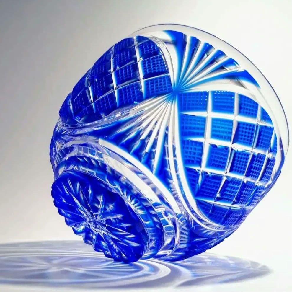 復元 島津 薩摩切子 尚古集成館監修 小付鉢 瑠璃色被せガラス サイン