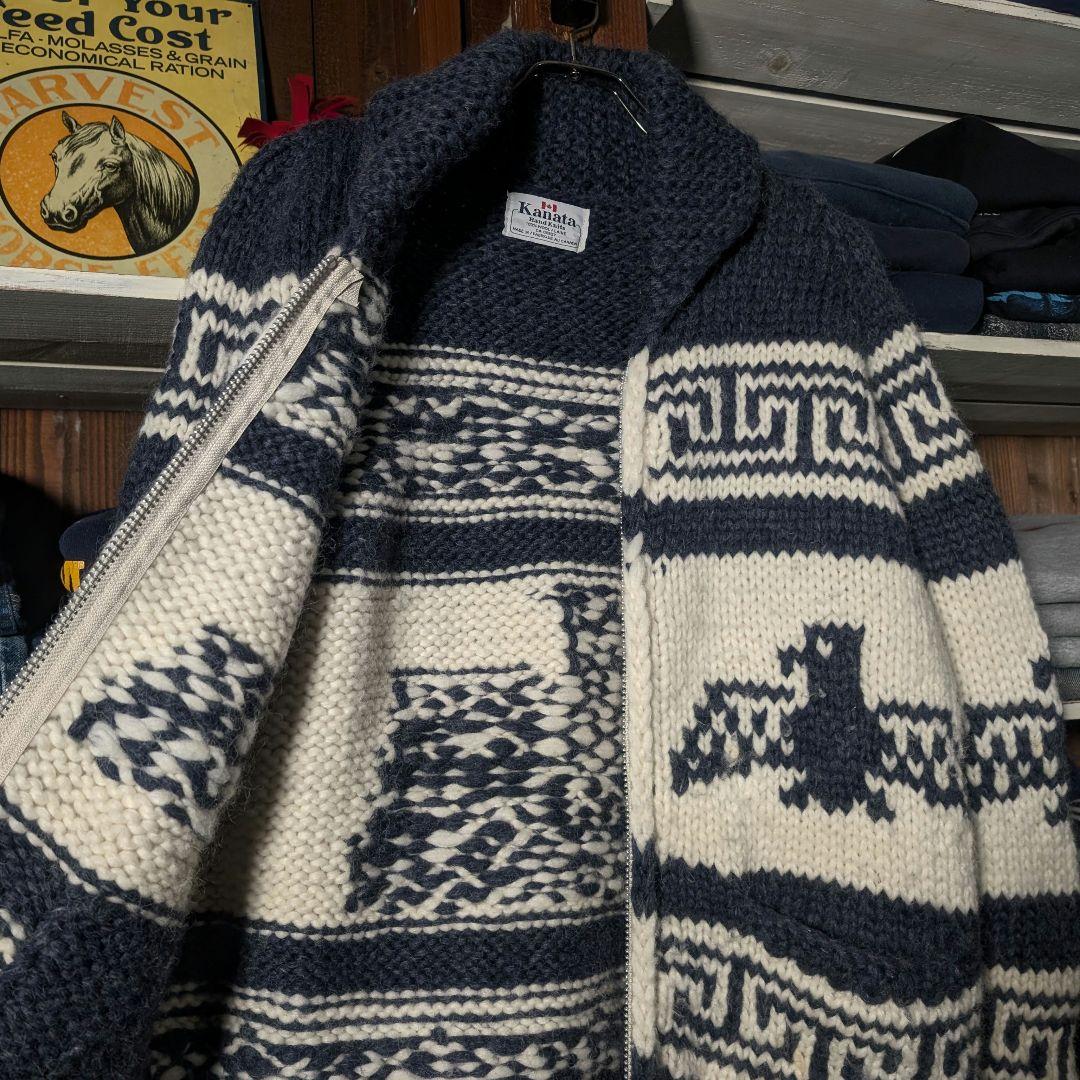 80s 90s　カナダ製　KANATA　イーグル柄　カウチンニット　ジップアップ