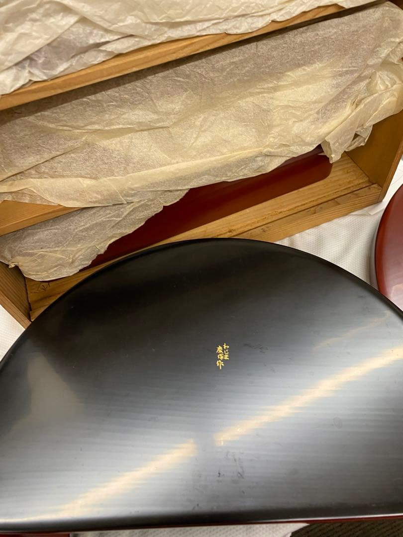 輪島塗　朱色木製半月形お弁当　5ケ