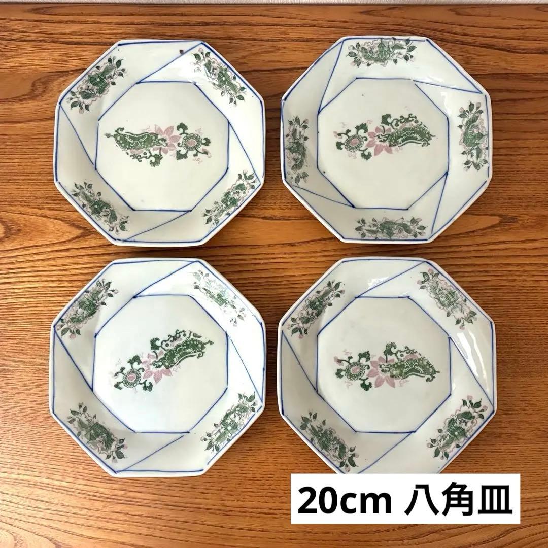 大正時代 4枚セット【100年前の古いお皿】八角形皿 縁起物 骨董