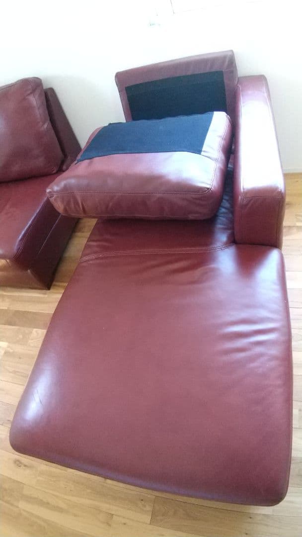 ワインレッド 本革 カウチソファ① (②と共にご購入下さい！)