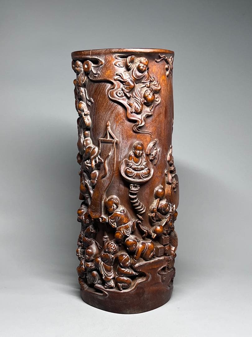 古美術 黄楊木 拓植 筆筒 筆立て 百子図 高浮彫 文房具 木製 置物 希少