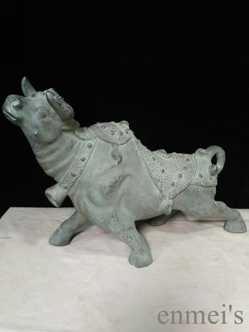 中国古美術 銅製 風水置物 牛拉元宝 開運 招財 五行財神 風水銅器 吉祥