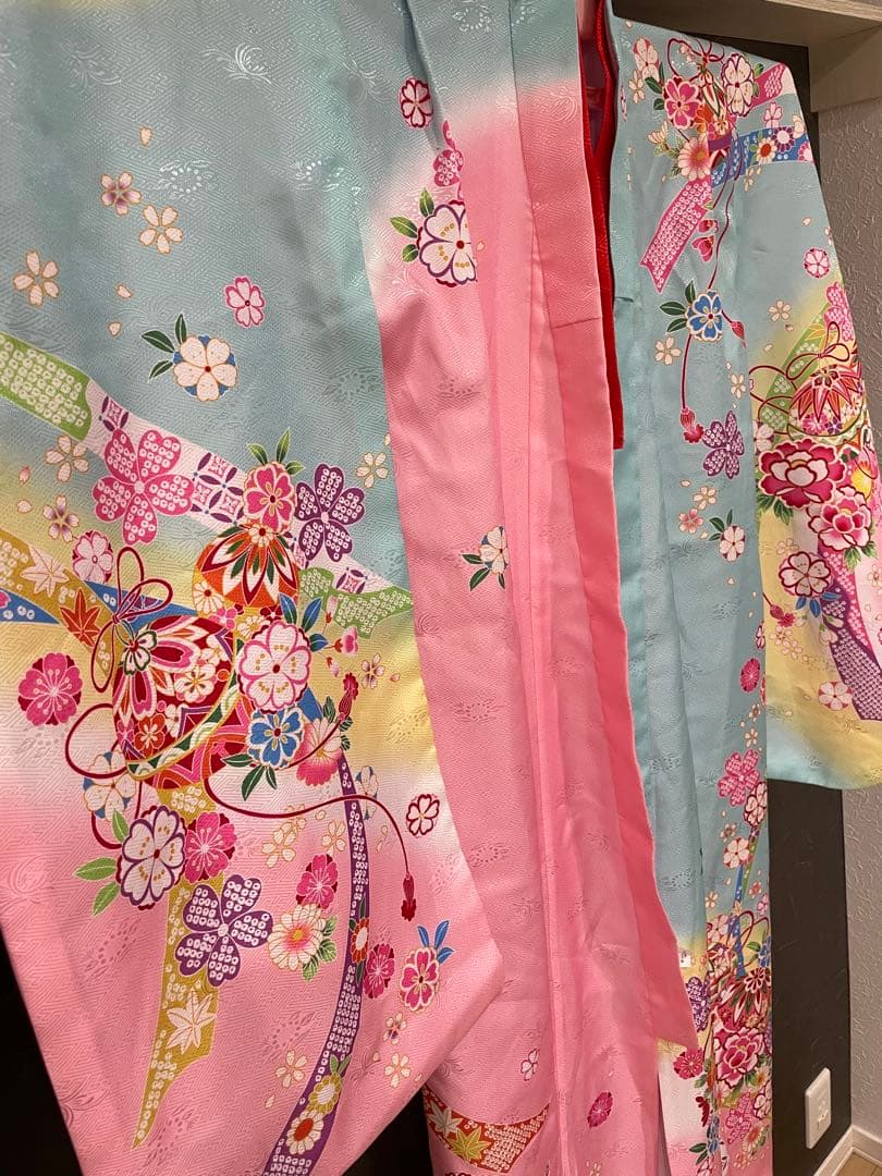 七五三用 花柄 着物 青とピンク