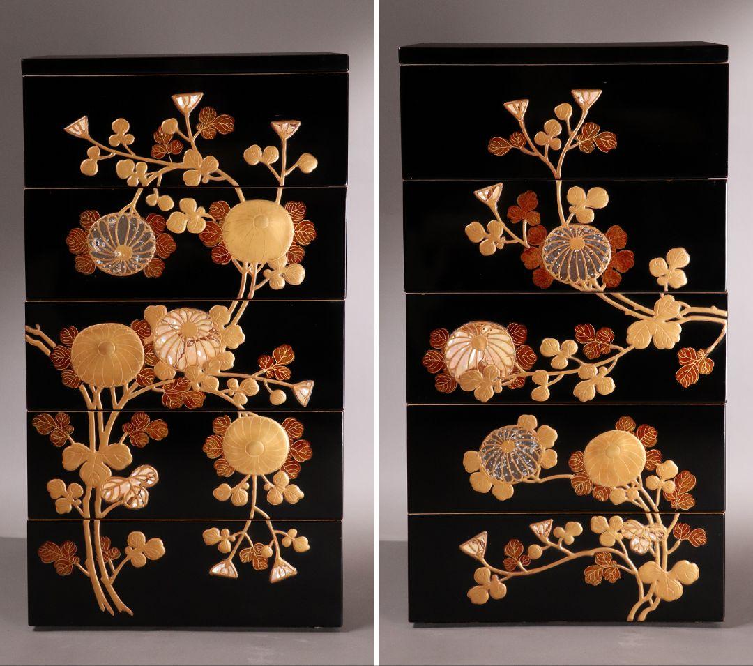 専用 MA24 時代木製漆器 光琳蒔絵 五段重 重台 菊蝶金銀蒔絵 螺鈿 黒塗