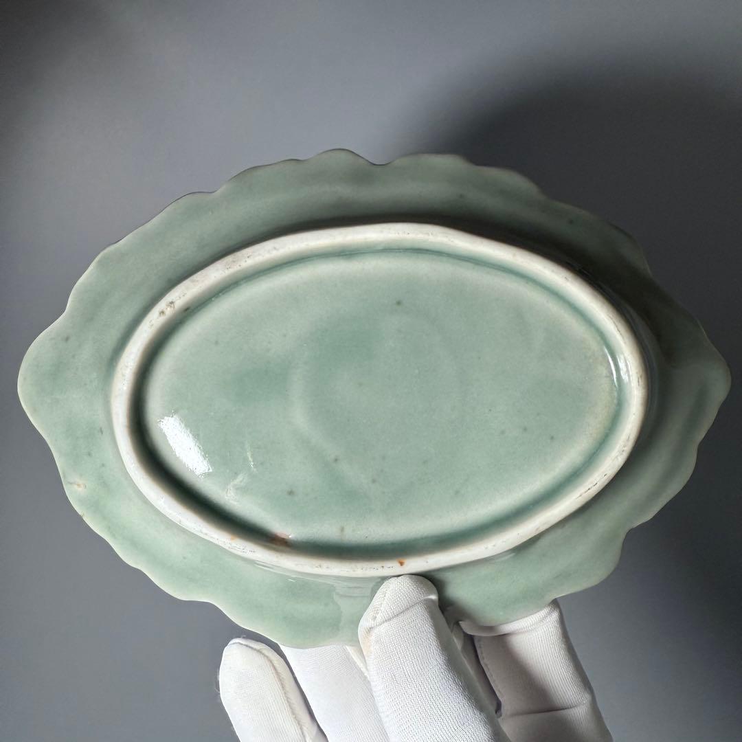 幕末〜明治 鍋島青磁 花文様陽刻葉形皿 12枚 料理屋 古