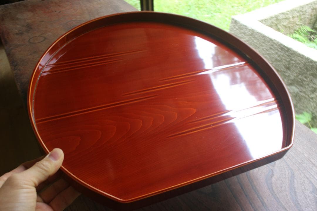 専用！優美な拭き漆の映える春慶塗の半月盆4点（検漆器漆盆茶道具お盆お膳