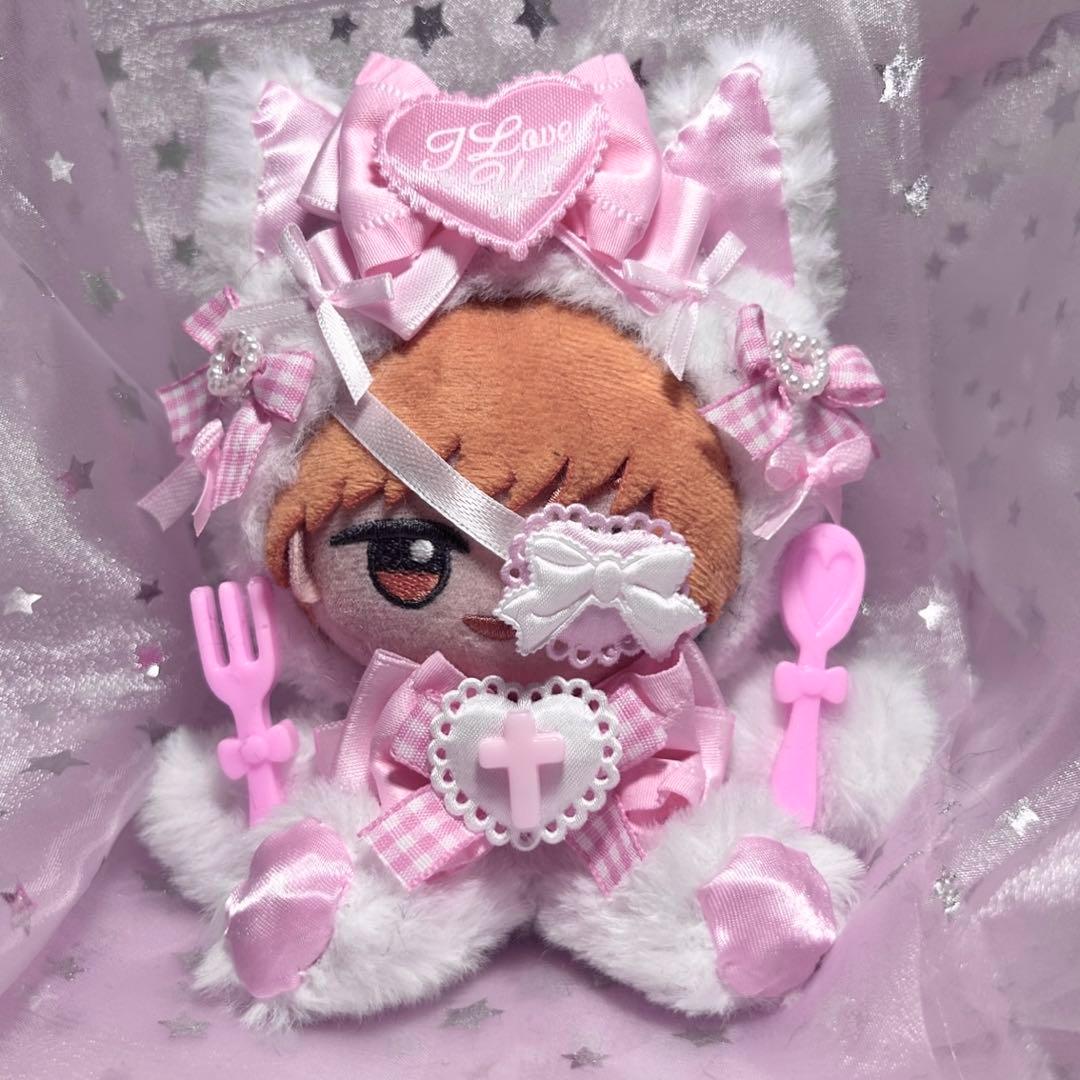 おすわりぬい服 12cm-15cm 猫耳 白×ピンク 眼帯量産型 地雷