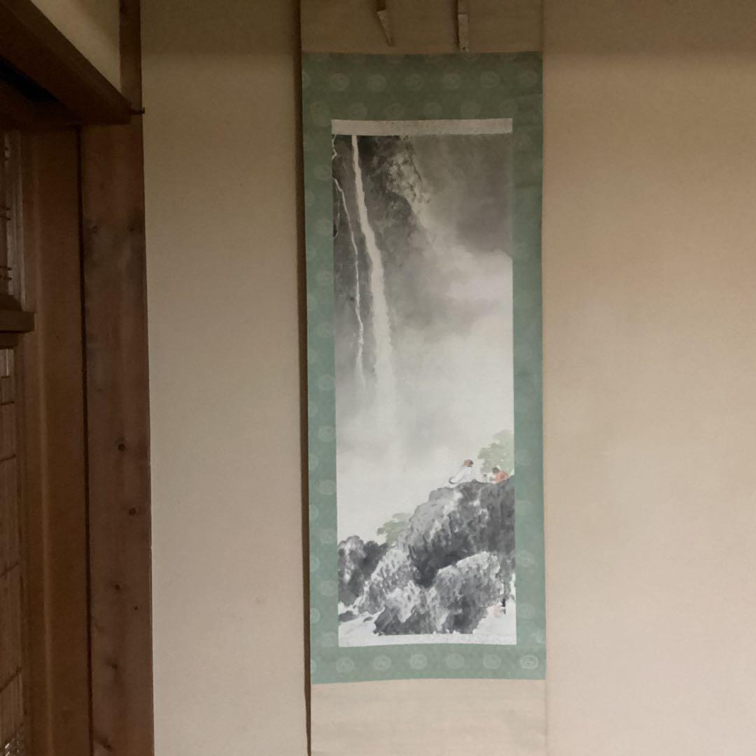 O-3. 観瀑之図　春輝　滝と山の水墨画 掛軸　年代物 O-3. 観瀑之図 春輝 滝と山の水墨画 掛軸 年代物